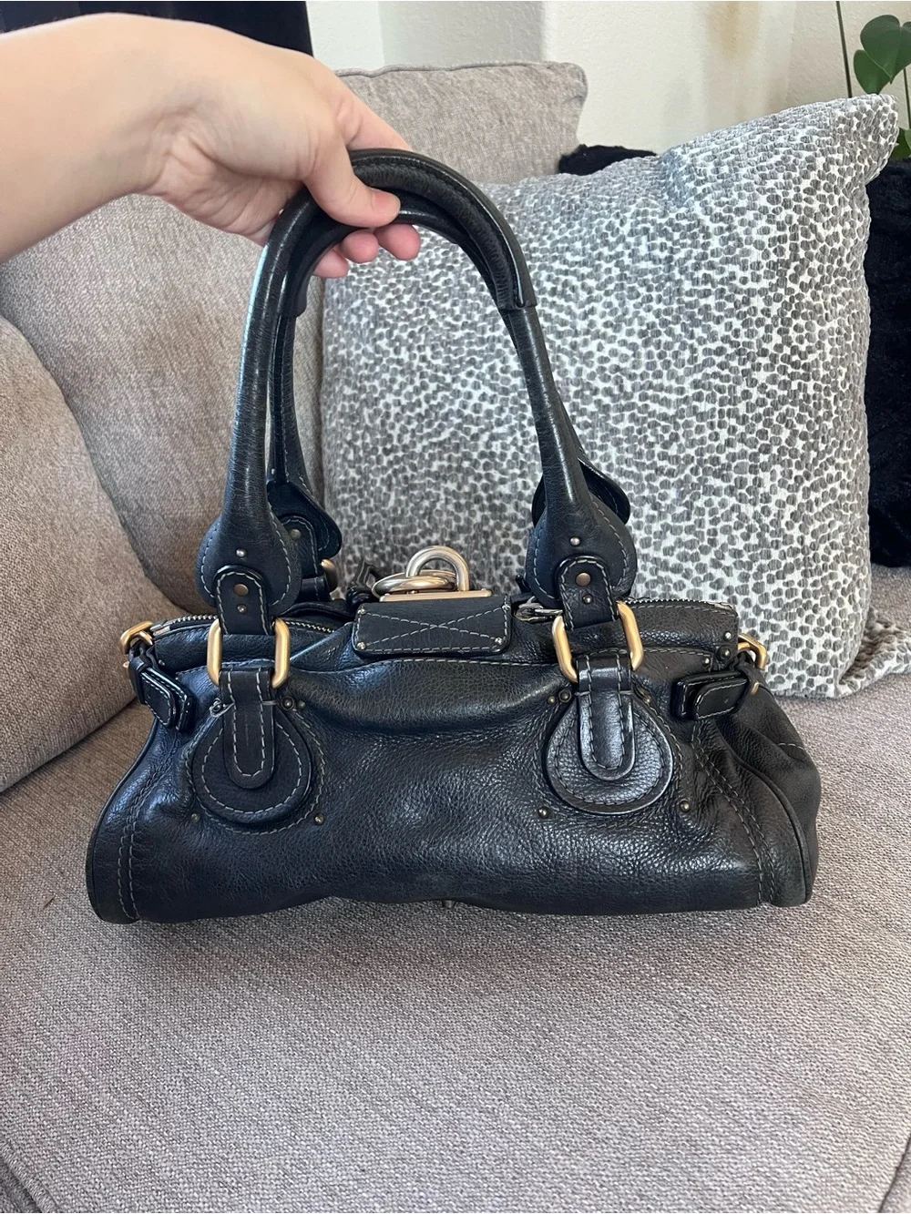 Chloe Paddington Black Leather Handbag with Gold Accents